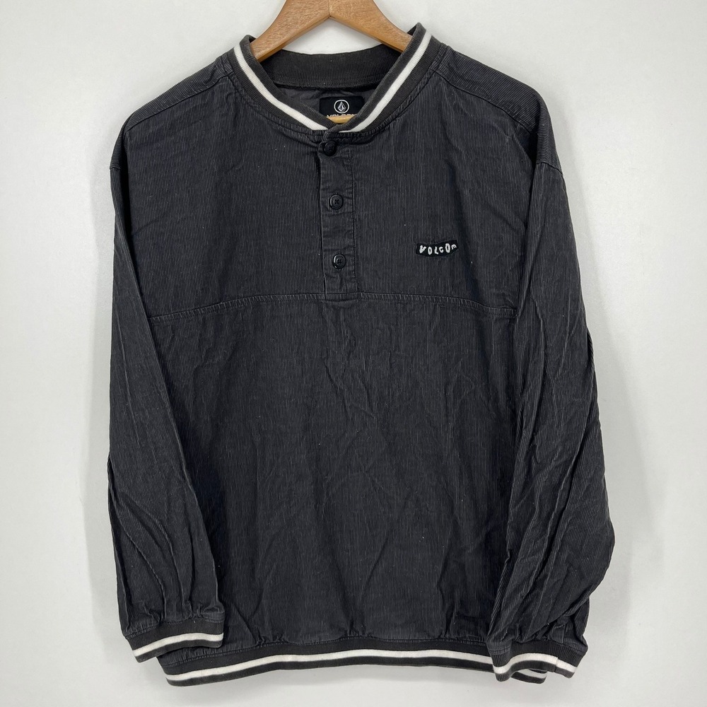 Volcom Mens Corduroy Henley Pullover Shirt Jacket Charcoal Gray Striped Size M